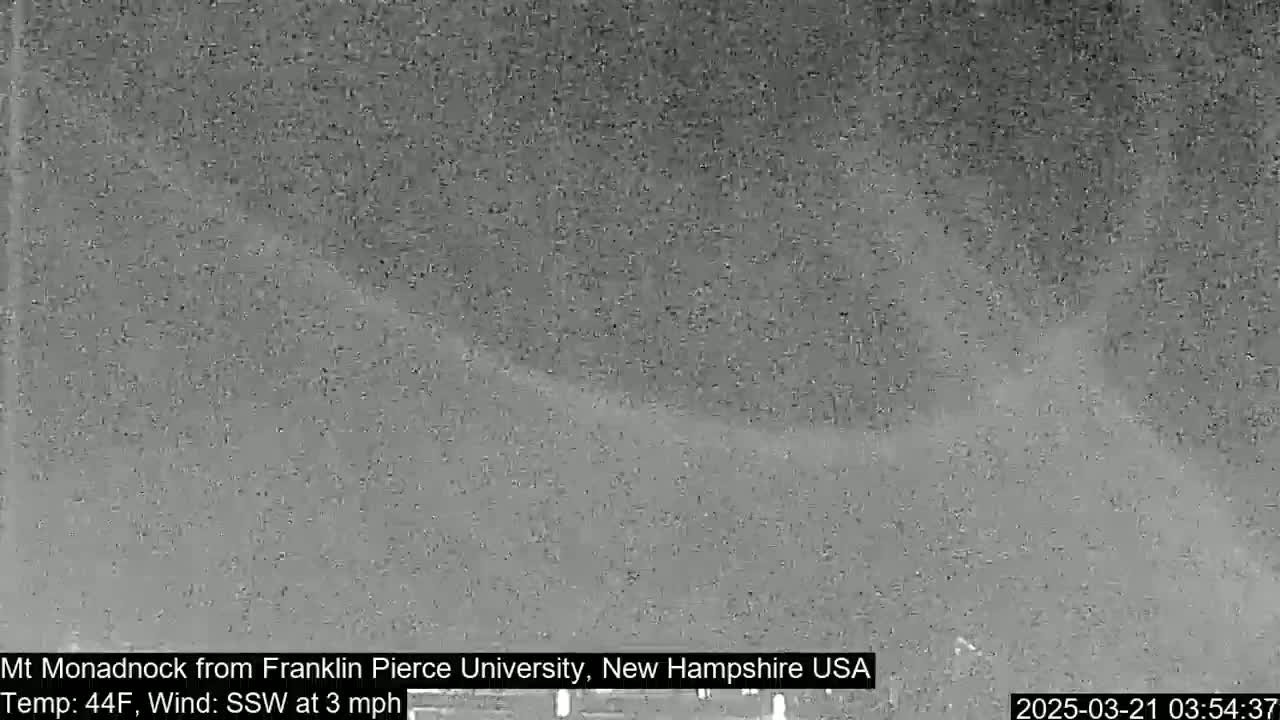 A low-quality, grayscale image shows a distant, overcast mountain under a 44°F temperature with a south-southwest wind blowing at 3 mph.