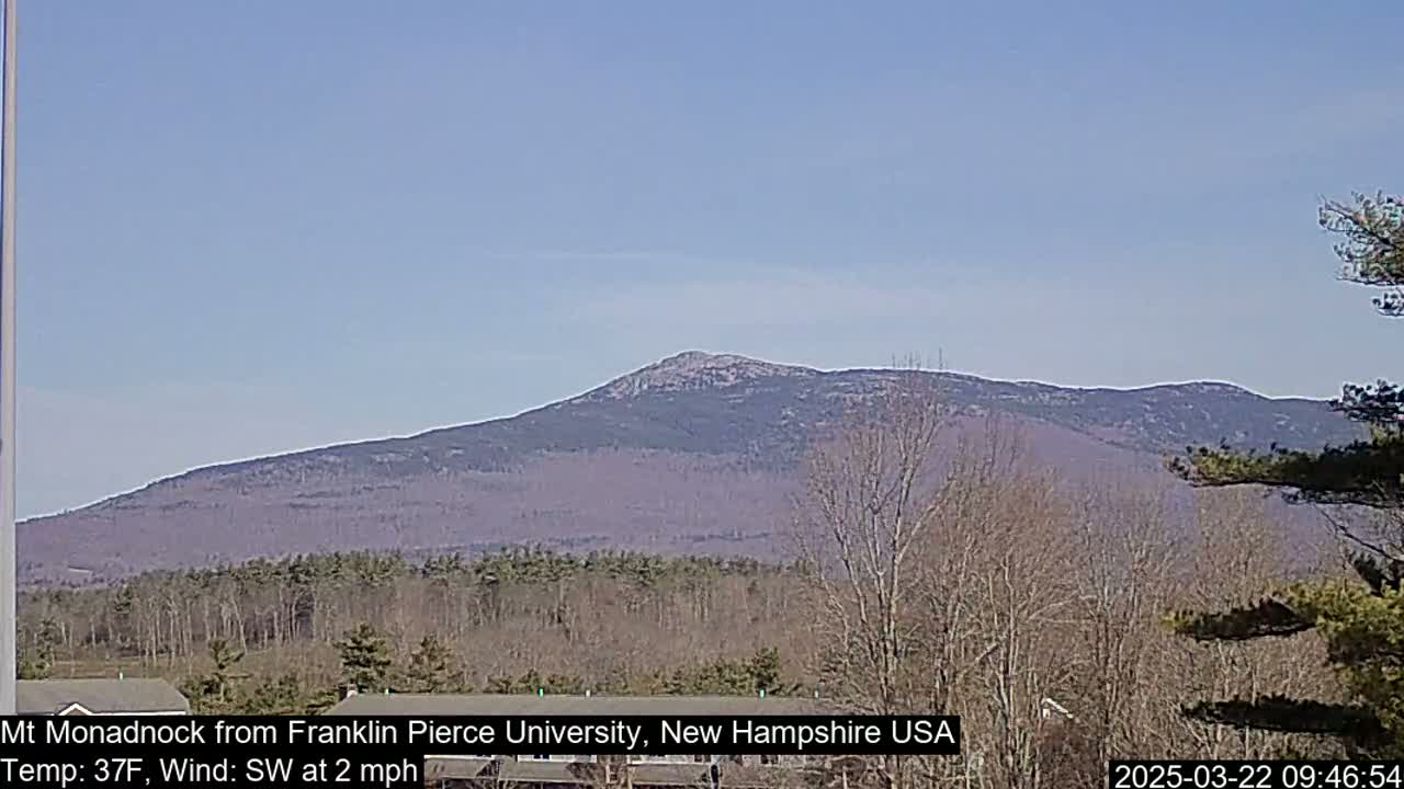 A large, distant mountain range is visible under a clear, light-blue sky.