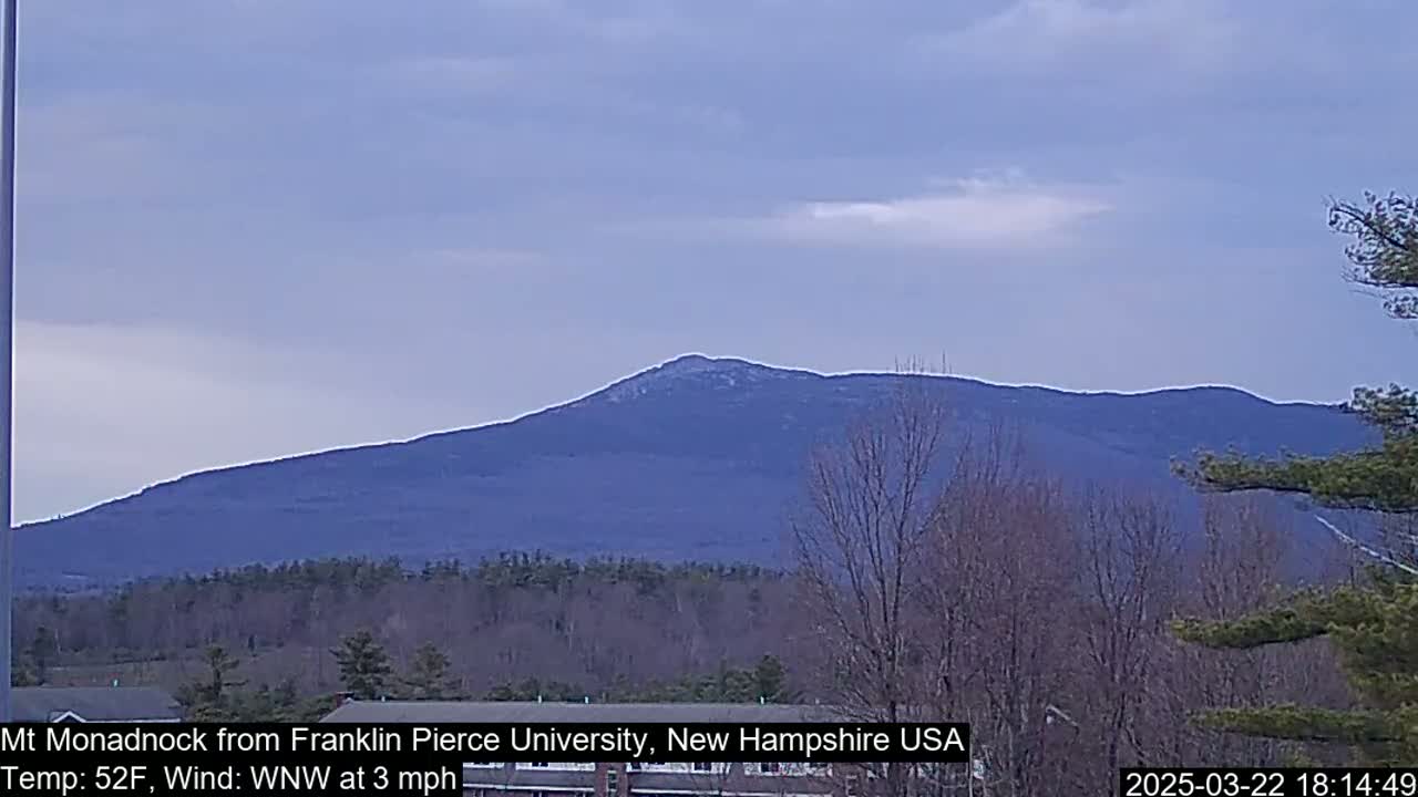 A large, dark-blue mountain range is visible in the distance under a mostly clear, light-blue sky.
