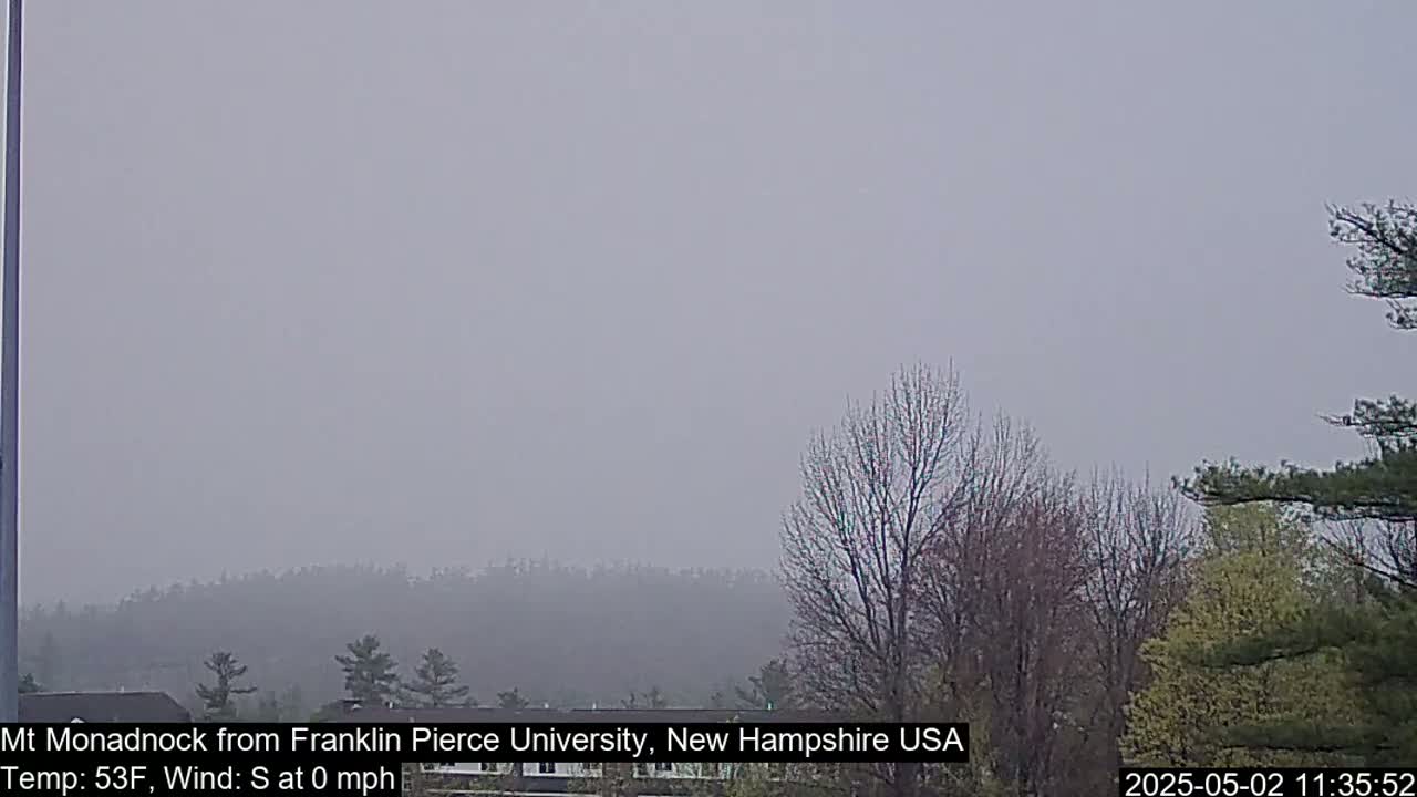 A hazy, calm view of a distant mountain range and leafing trees on a 53°F day.