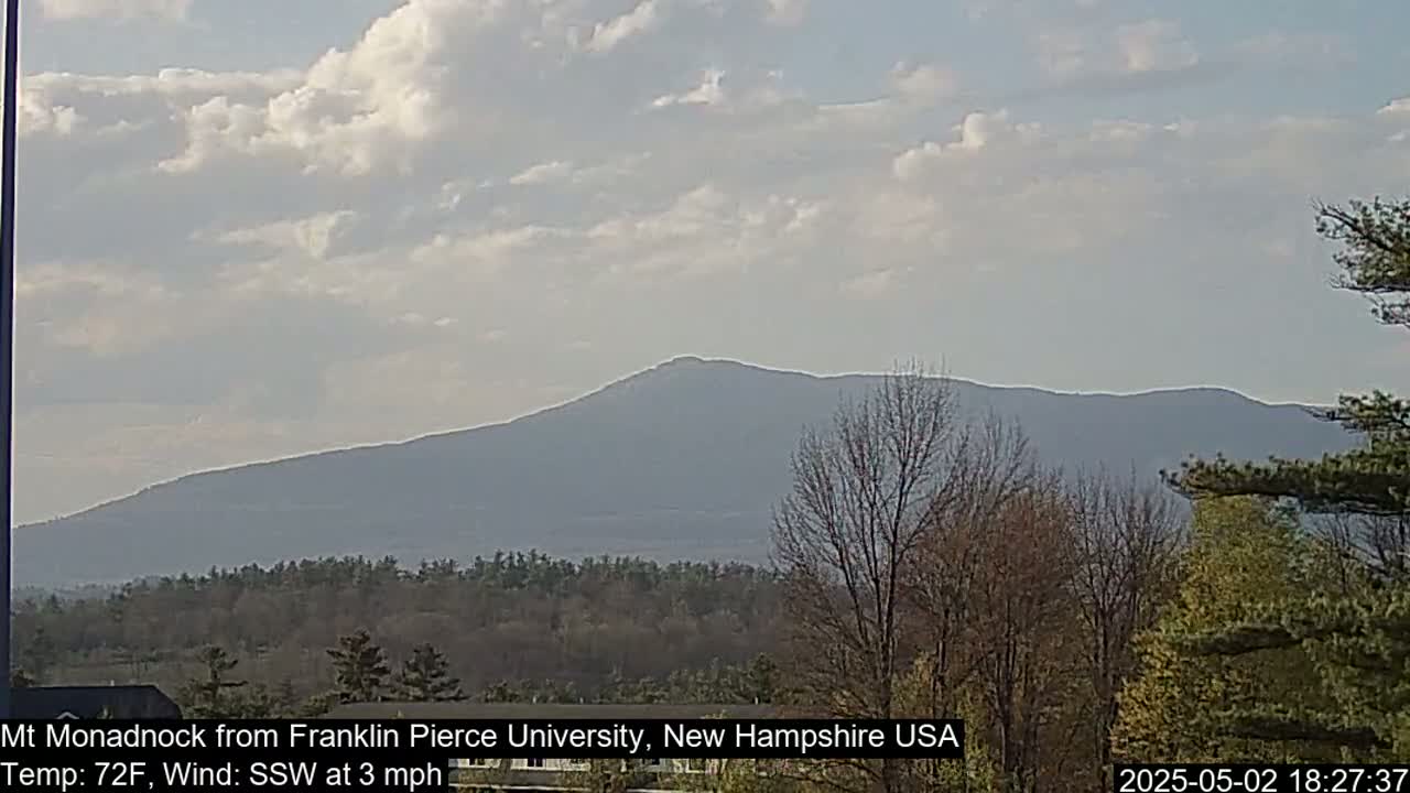 A distant mountain range is visible under a partly cloudy sky, with trees in the foreground.
