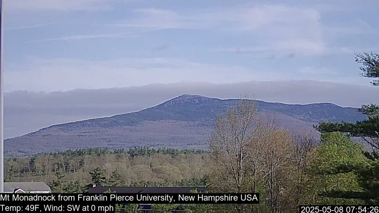 A hazy, distant mountain range is visible under a partly cloudy sky, with a foreground of budding deciduous trees and evergreens.