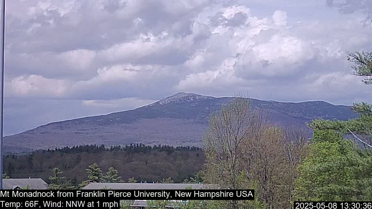 A partly cloudy sky overlooks a distant mountain range and a foreground of trees under a light wind.