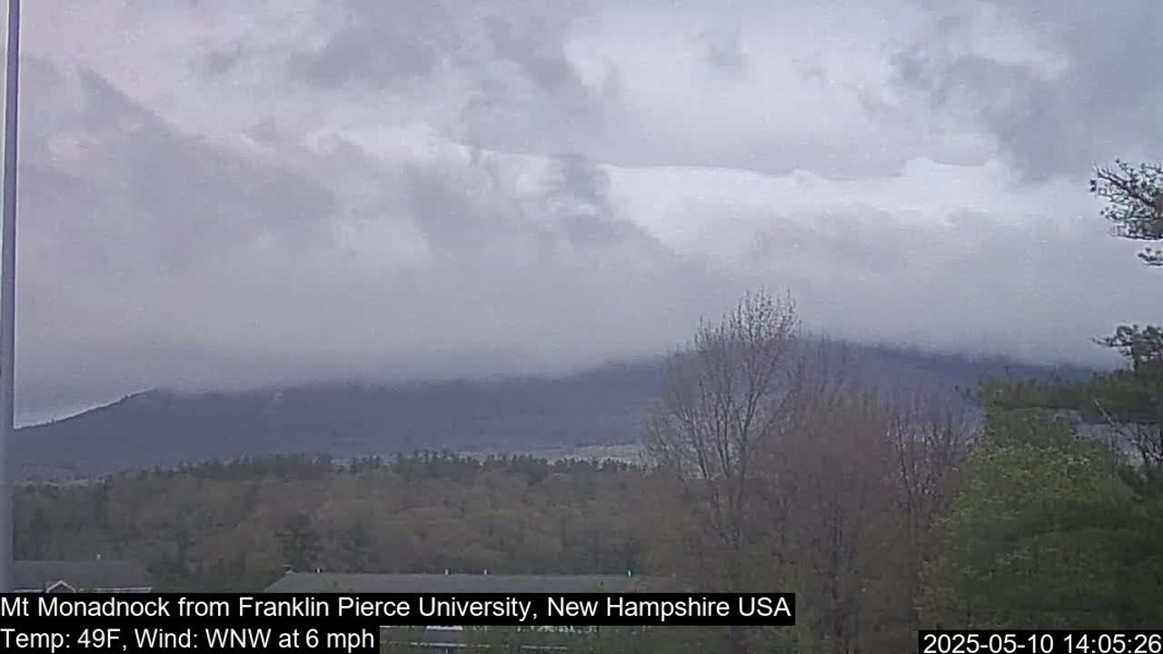 A partly cloudy, cool day reveals a distant mountain range partially obscured by a low-hanging cloud cover.