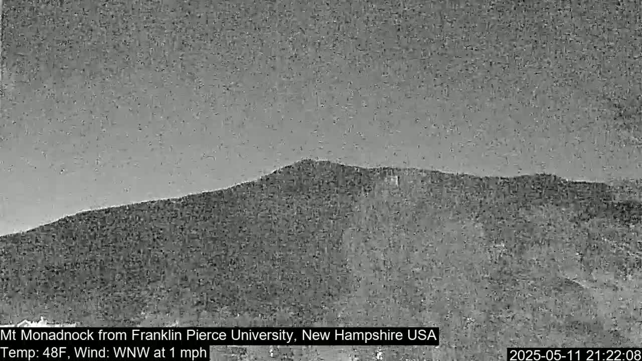 A nighttime, grayscale view of a mountain under a mostly clear sky with a light wind.