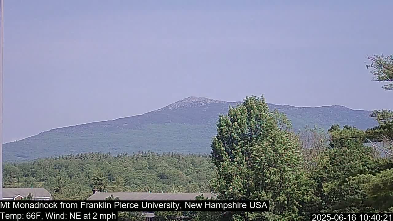 A hazy view of a distant, tree-covered mountain range is visible through a foreground of green trees on a clear, sunny day with a light northeast wind.