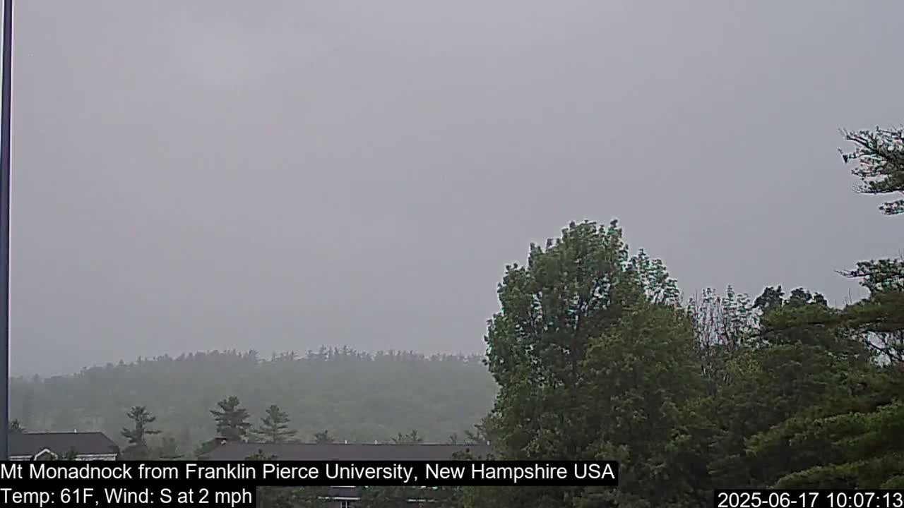 A hazy, overcast view of a tree-lined hill in the distance, with some trees and a building visible in the foreground under a light south wind.
