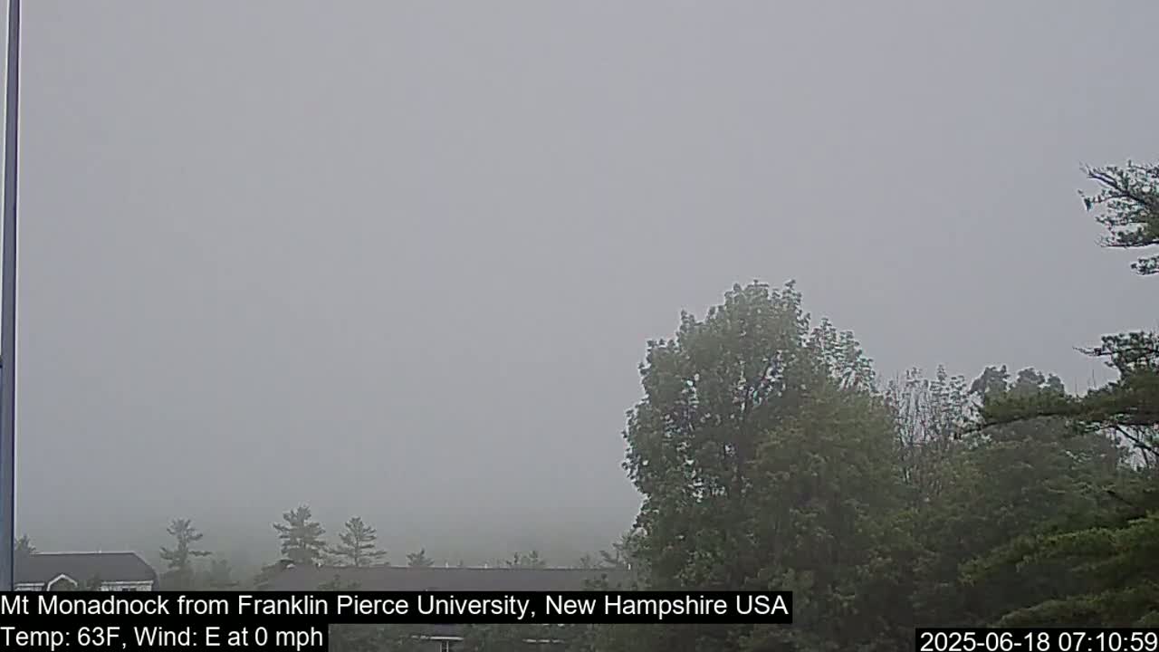 A foggy view of trees and a distant mountain is visible, with calm weather conditions.