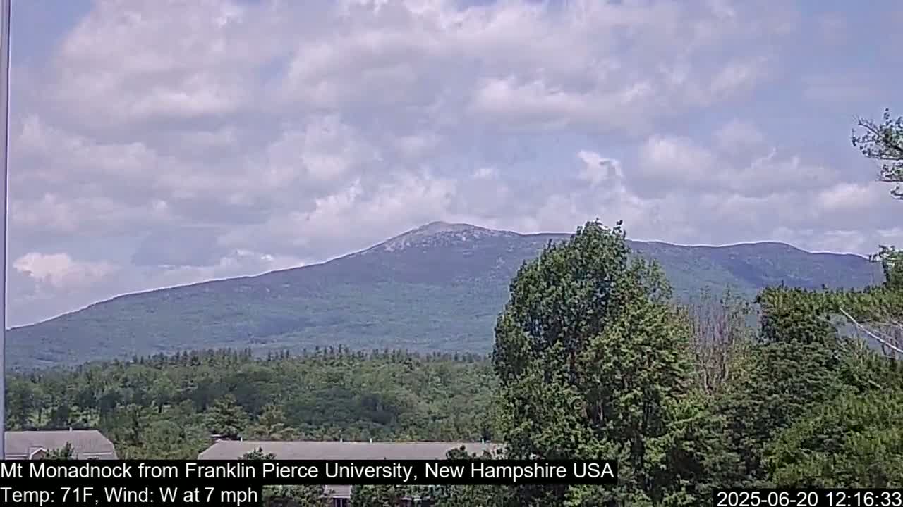 A partly cloudy sky overlooks a tree-covered mountain range, with a 7 mph west wind and a temperature of 71°F.