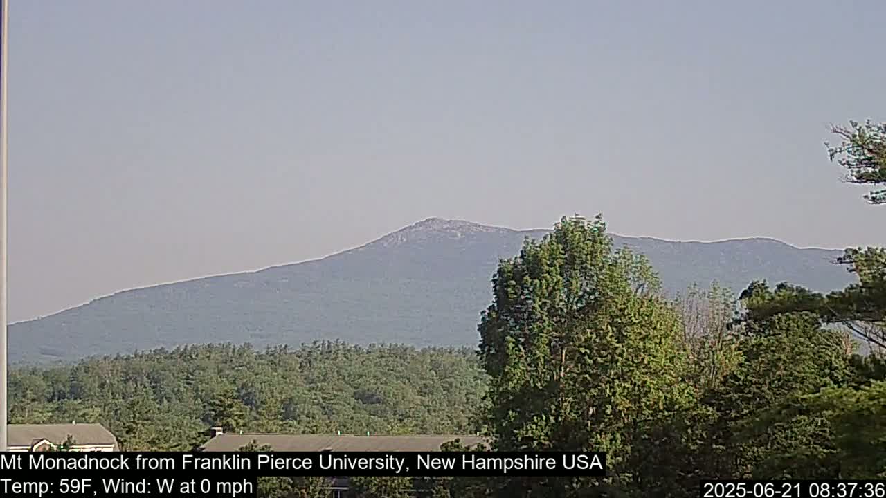 A hazy view of a distant mountain range is seen from behind a line of leafy green trees on a calm, 59°F day.