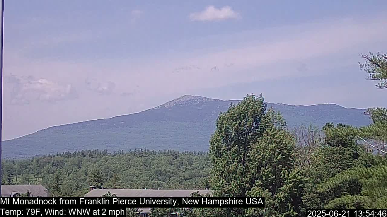 A distant mountain range is visible through a foreground of green trees under a mostly clear sky.