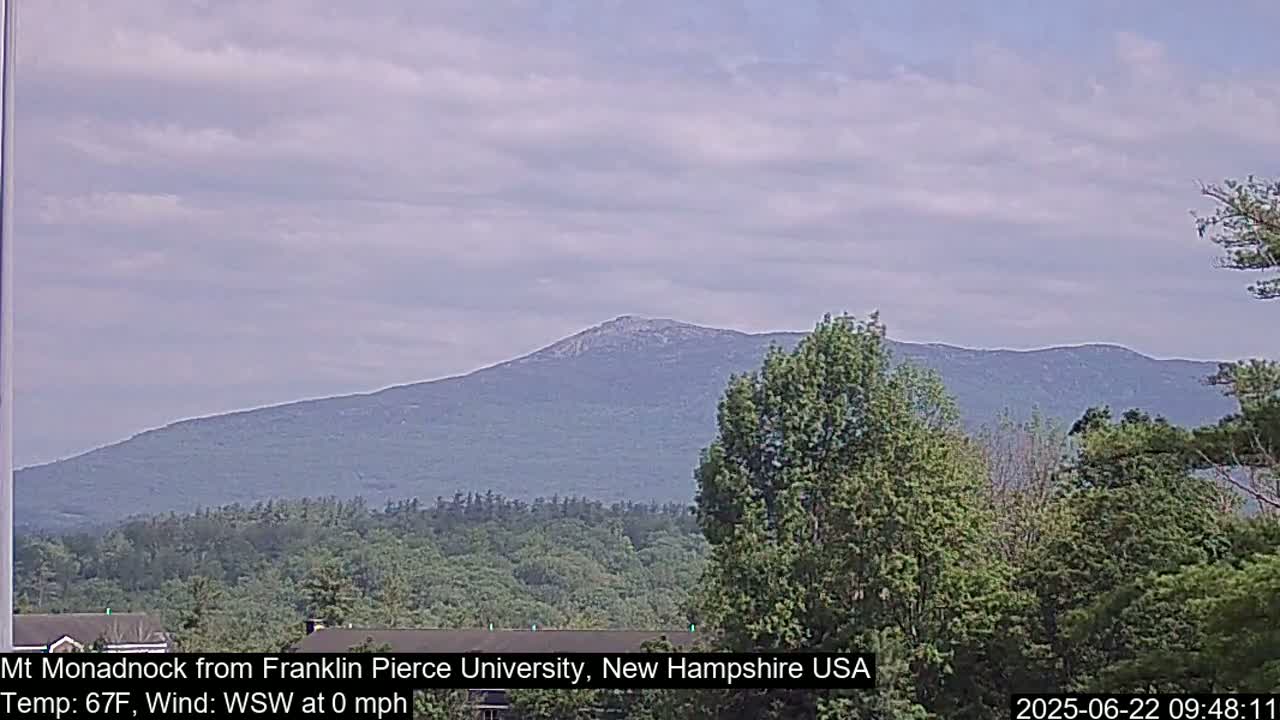 A distant mountain range is visible under a mostly cloudy sky, with calm winds and green trees in the foreground.