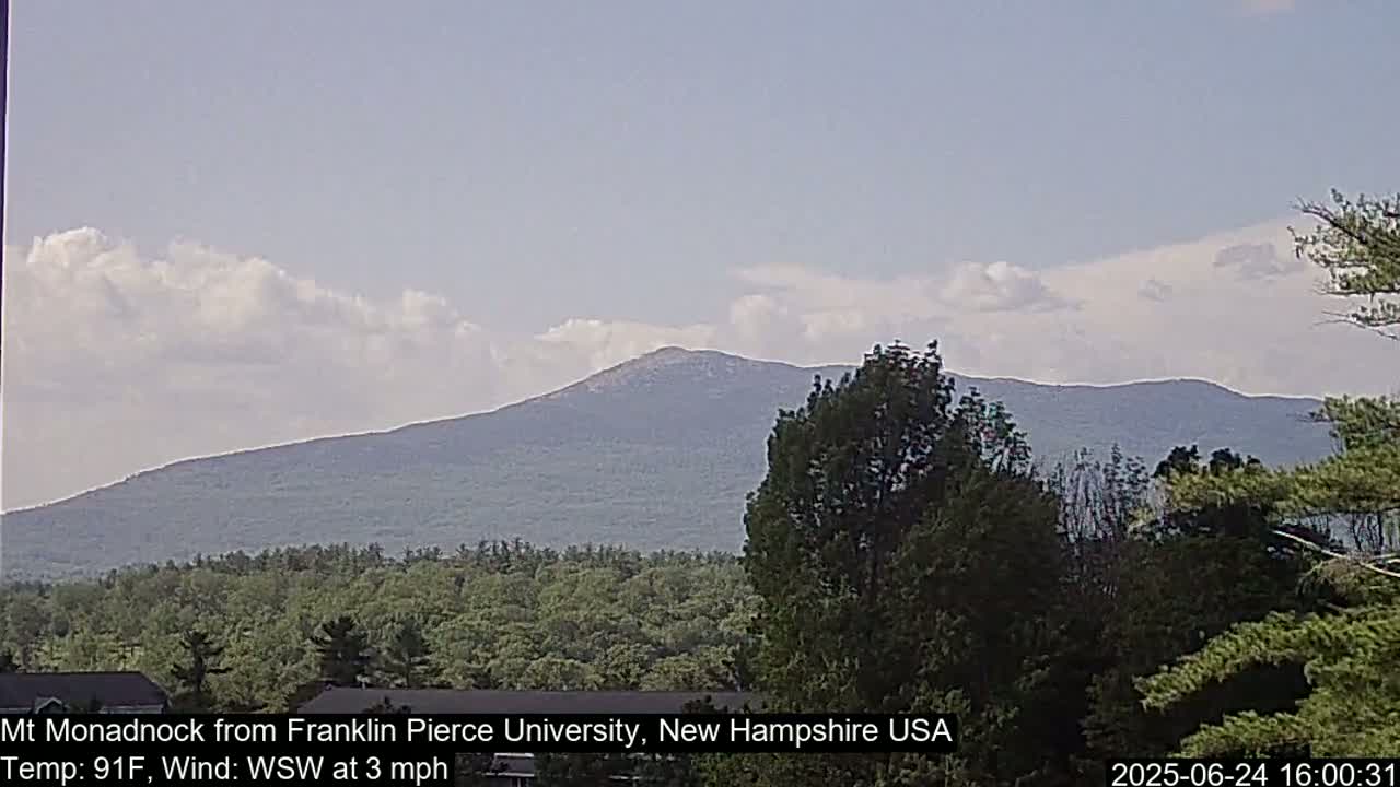 A mountain range is visible in the distance under a partly cloudy sky, with a forest in the foreground.