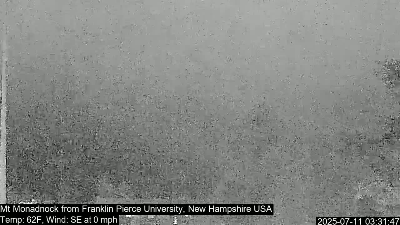 A gray, hazy view of a distant landscape on a calm, 62°F day.