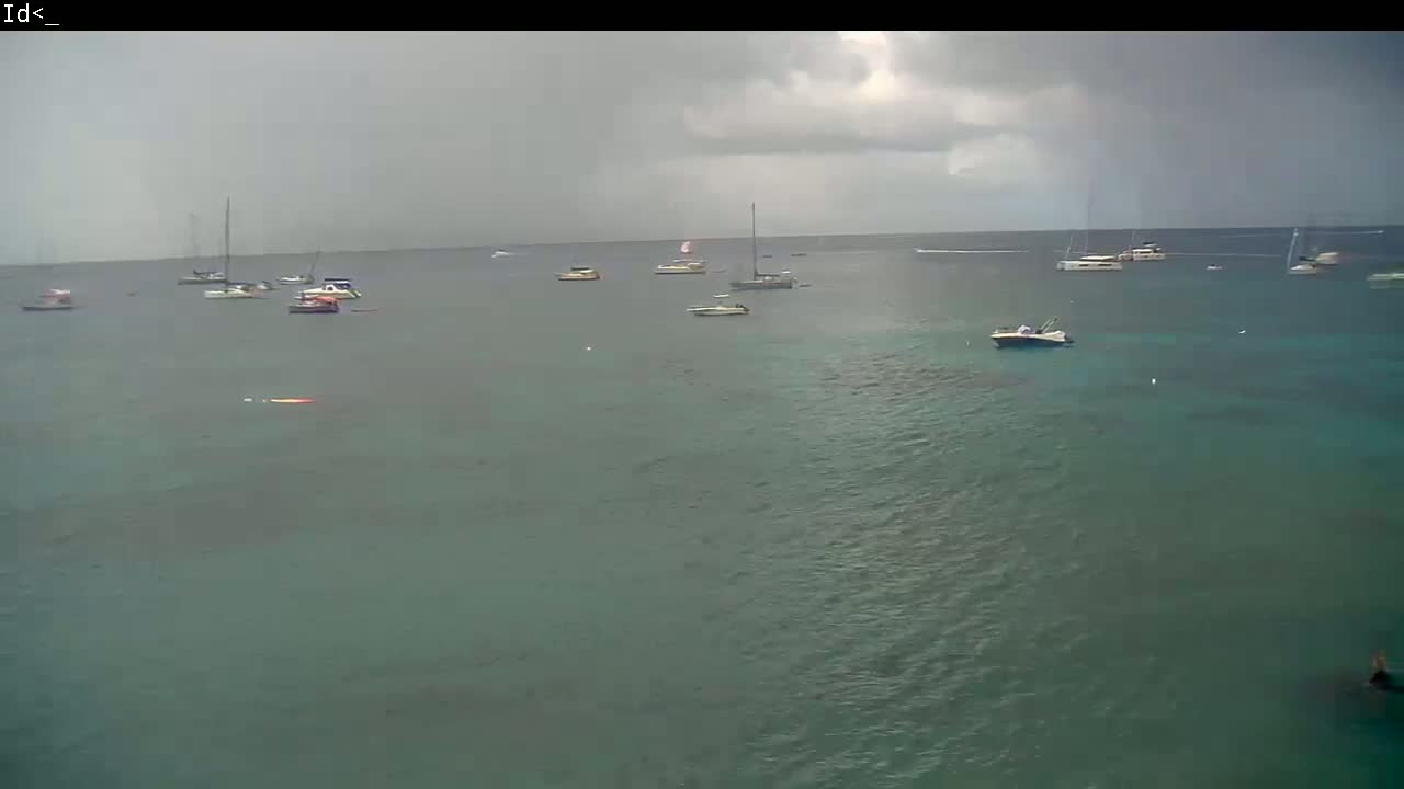 Numerous boats are anchored in calm, teal water under an overcast sky.