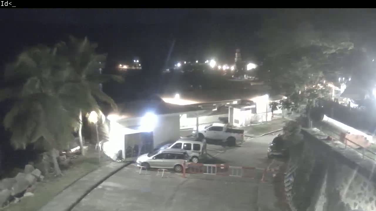 At night, three light-colored vehicles are parked in a lot beside a building surrounded by palm trees and a low wall.