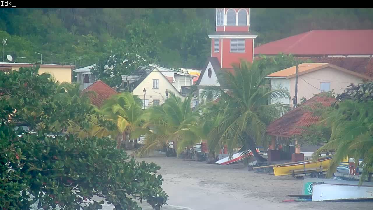 A sandy beach with palm trees and several buildings, including a red tower, is visible in hazy, overcast weather.