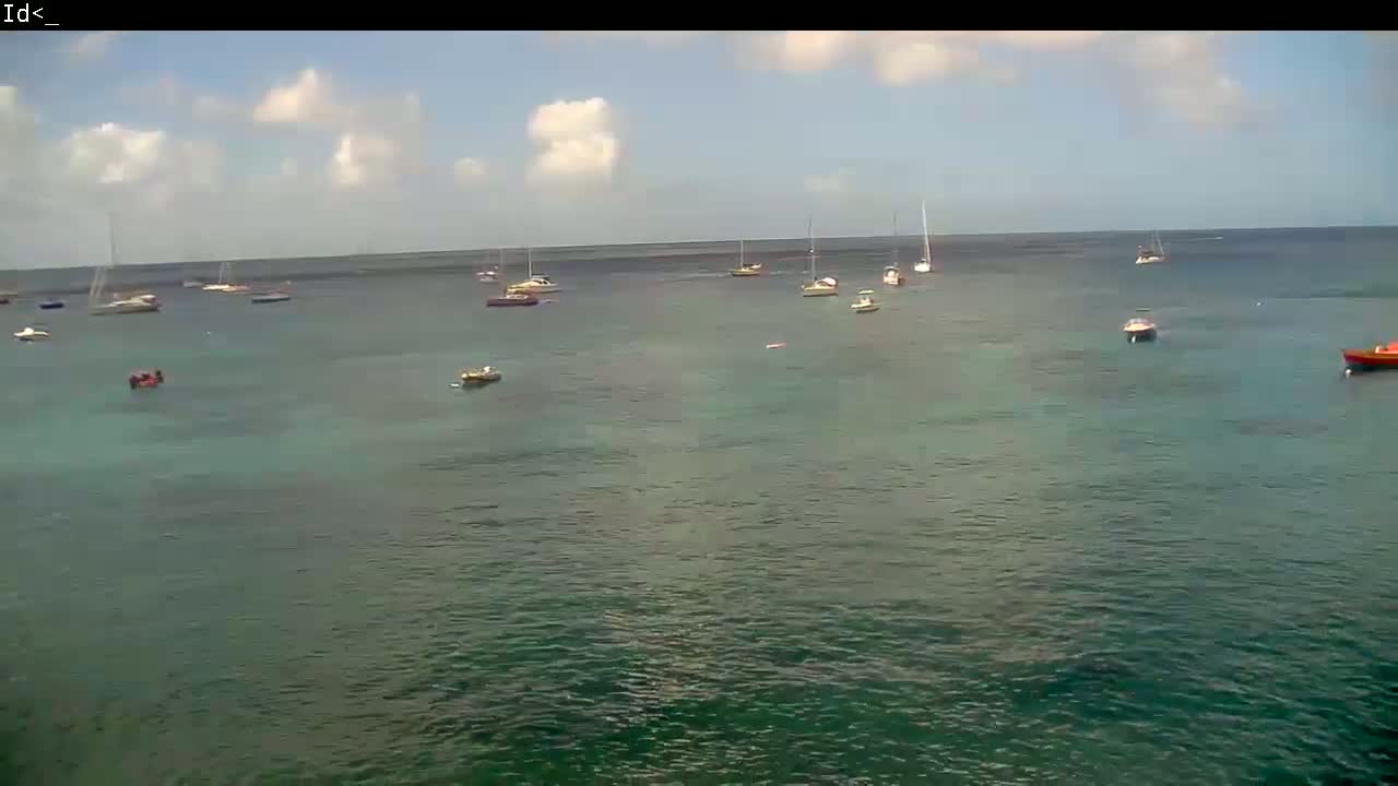 A partly cloudy day shows numerous boats of various sizes anchored in a calm, teal-colored body of water.