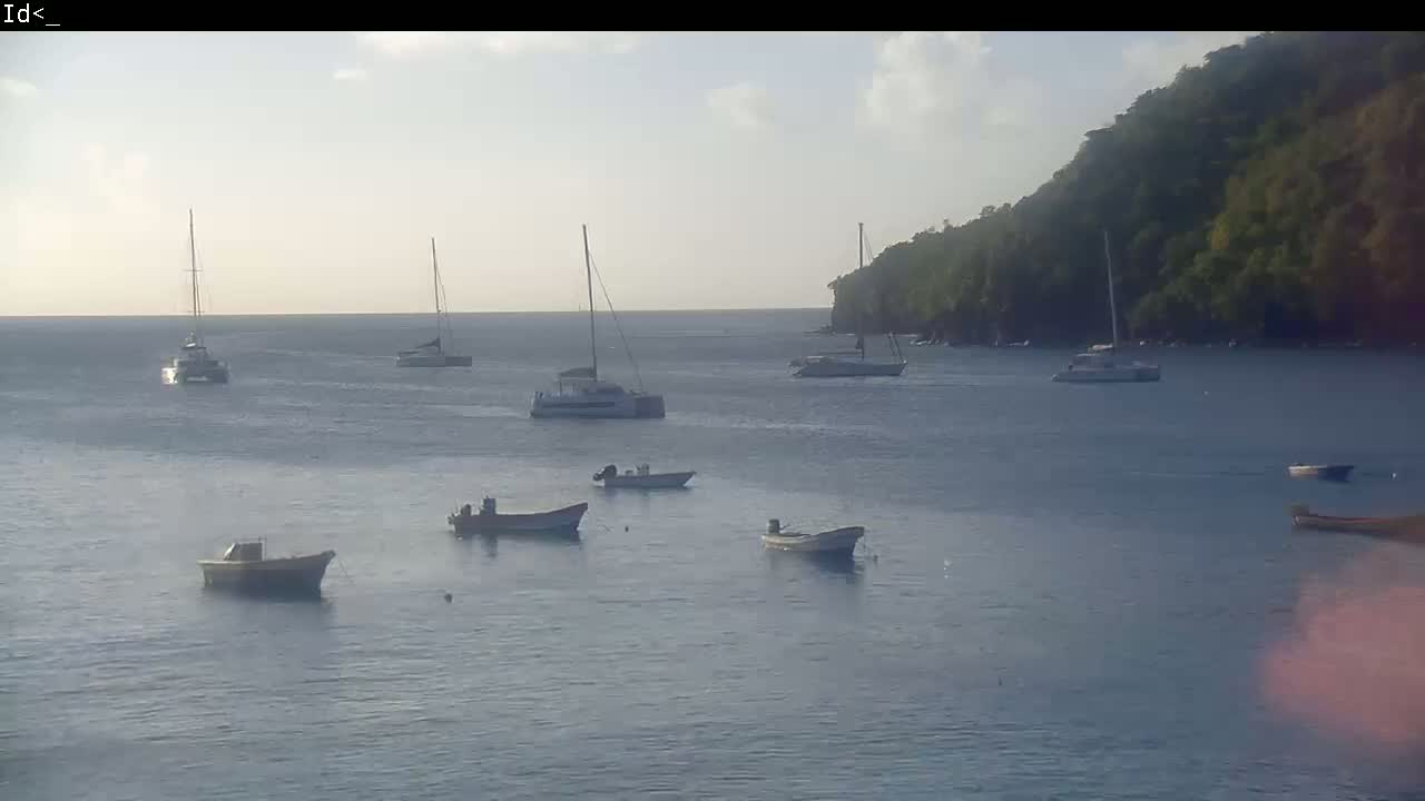 Several sailboats and smaller motorboats are anchored in calm water near a lush, green hillside under a partly cloudy sky.