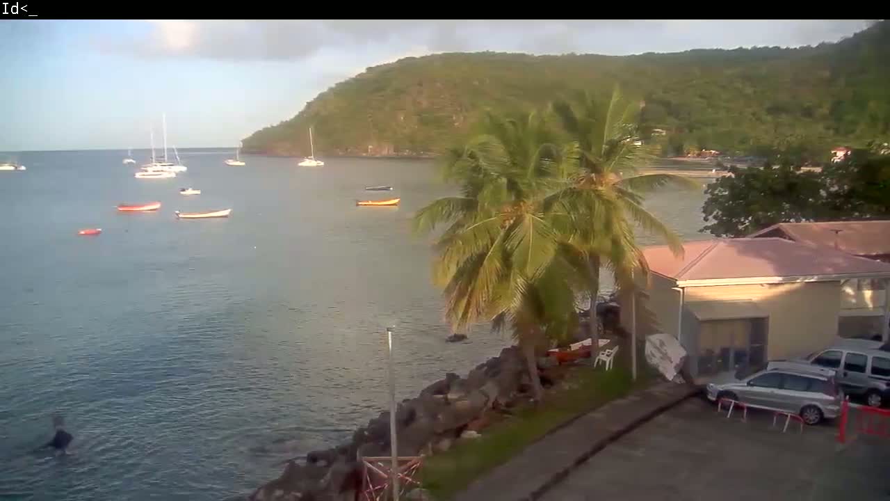 A calm bay with several boats, palm trees, and a building on a rocky shore under a partly cloudy sky.