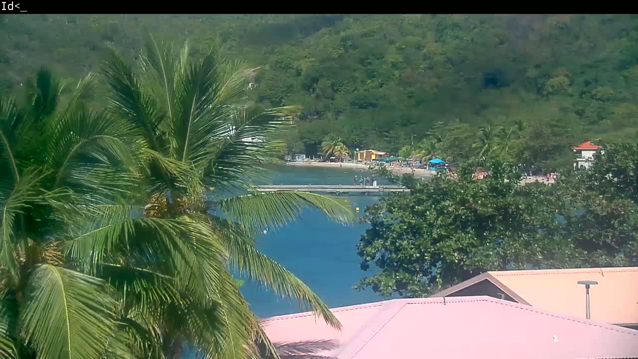 A tropical beach scene with calm water, a small dock, palm trees, lush green hills, and a pink roof in the foreground under sunny skies.