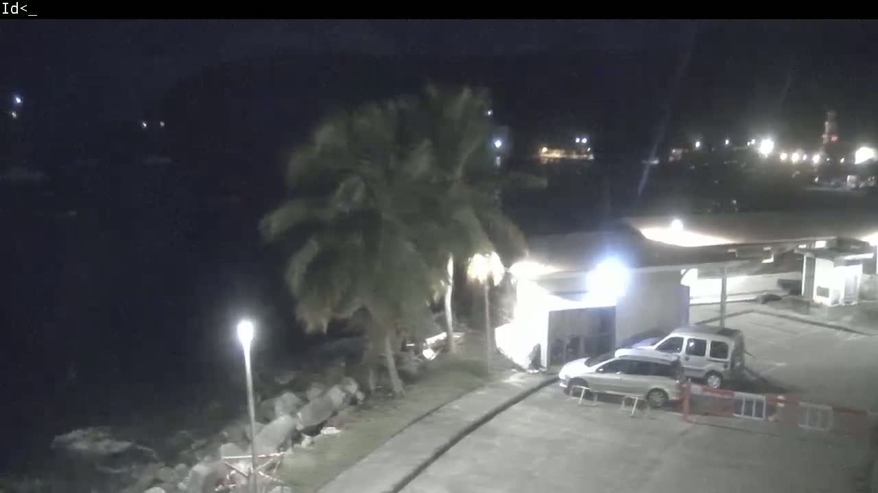 A nighttime view of a parking lot with two cars near a building and palm trees, next to a dark body of water under a clear sky.