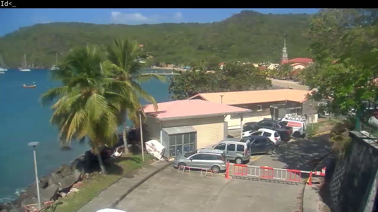 A seaside parking lot with several cars parked near a small building, palm trees, and a view of a calm bay with boats and a town nestled on a hillside under a sunny sky.