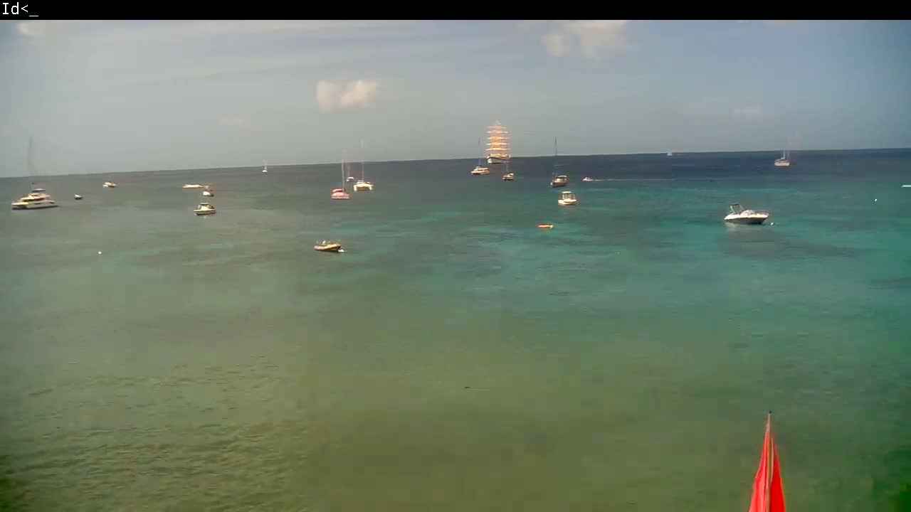 A mostly sunny day shows numerous boats of varying sizes on a calm, teal-colored body of water.
