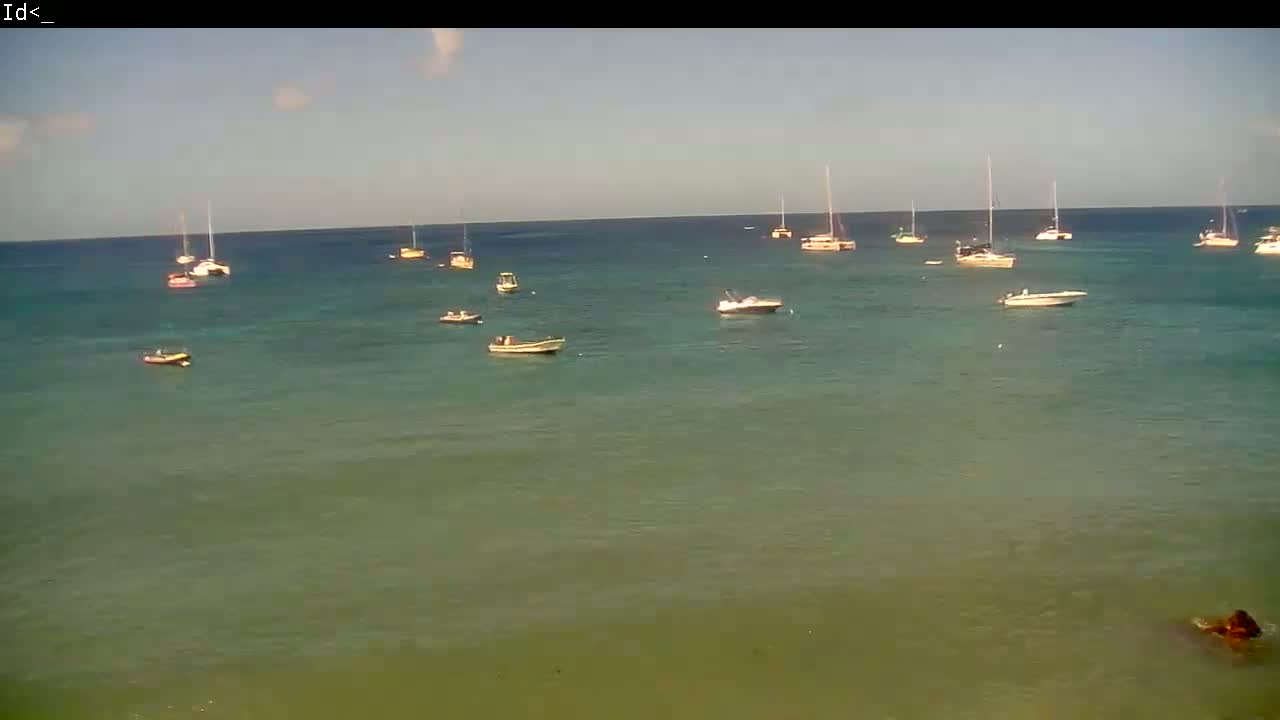 Several sailboats and motorboats are anchored in calm, clear, teal water under a mostly sunny sky.