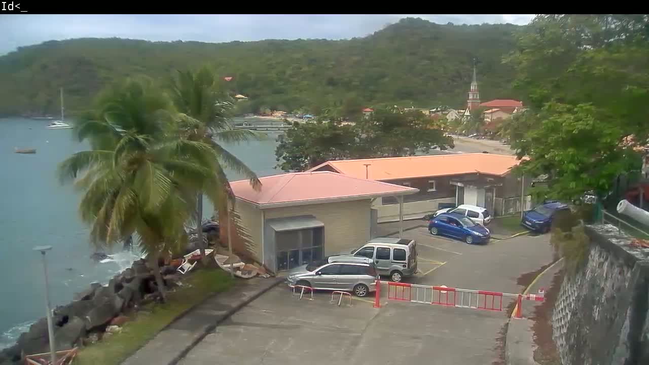 Overlooking a calm bay with a small town nestled against a lush green hillside, a few cars are parked near a low building under an overcast sky.