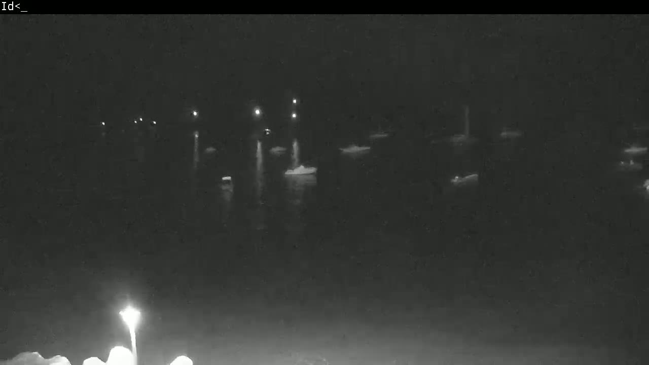 A nighttime view of several boats moored in dark water, illuminated by faint lights from the vessels and the shore.