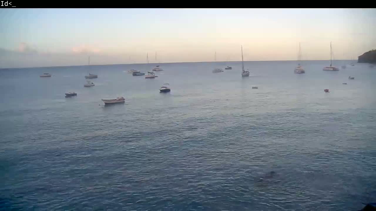 Several boats and sailboats are scattered across a calm, blue ocean under a pale, clear sky.