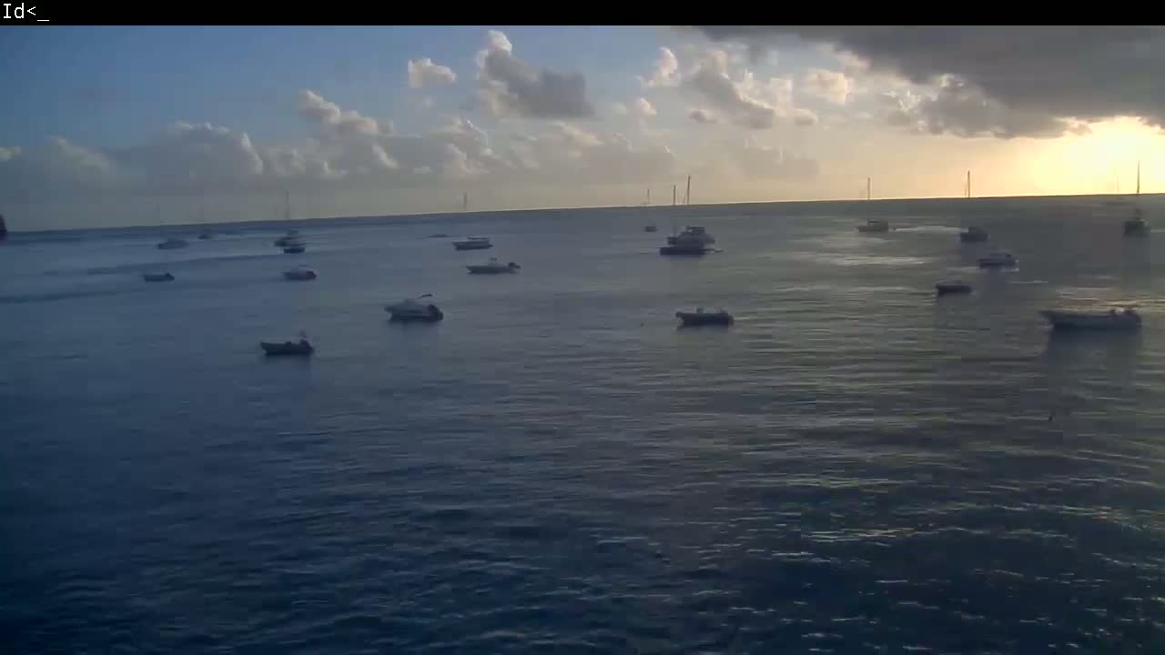 Numerous small boats are scattered across a calm body of water under a partly cloudy sunset sky.