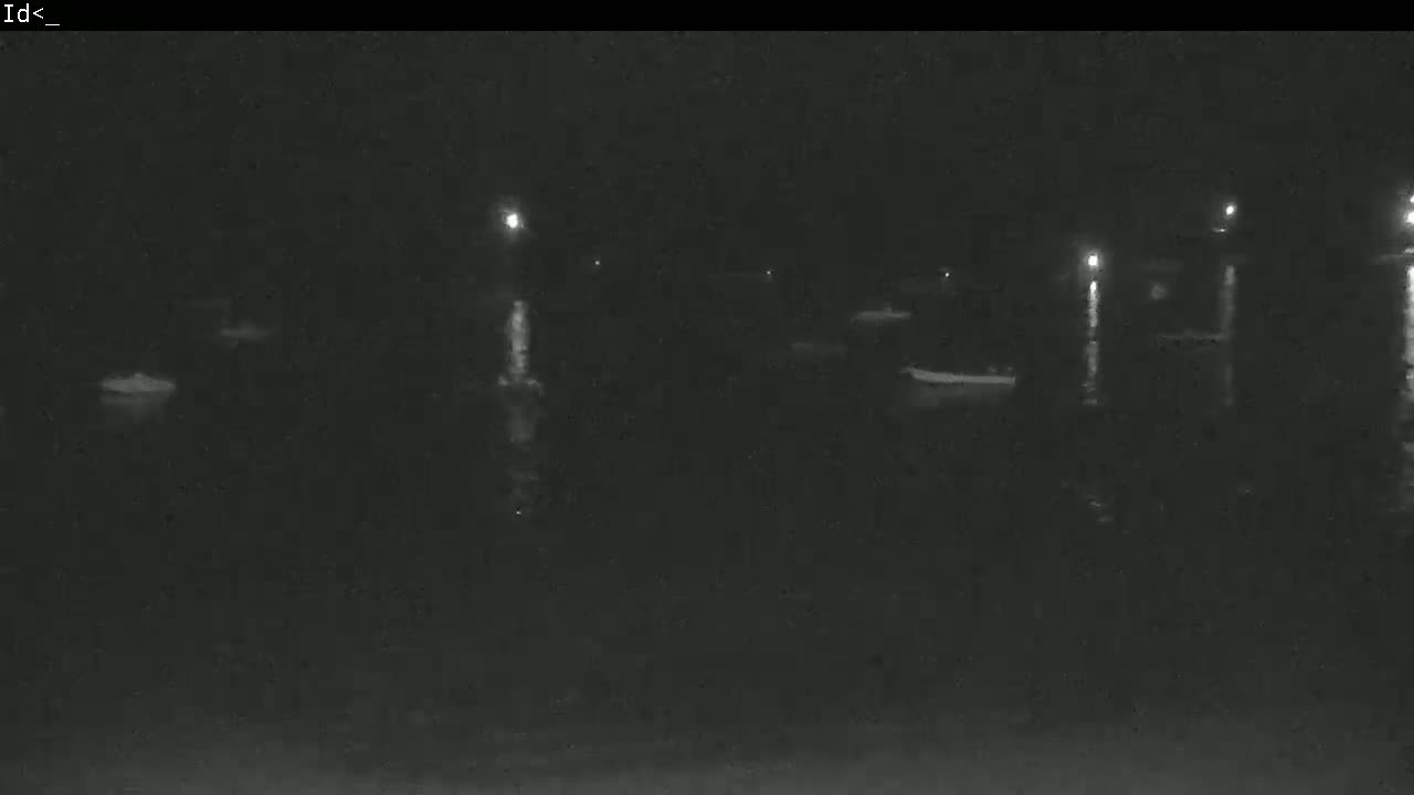 Several small boats are moored in a dark body of water at night, illuminated by faint lights on the shore.