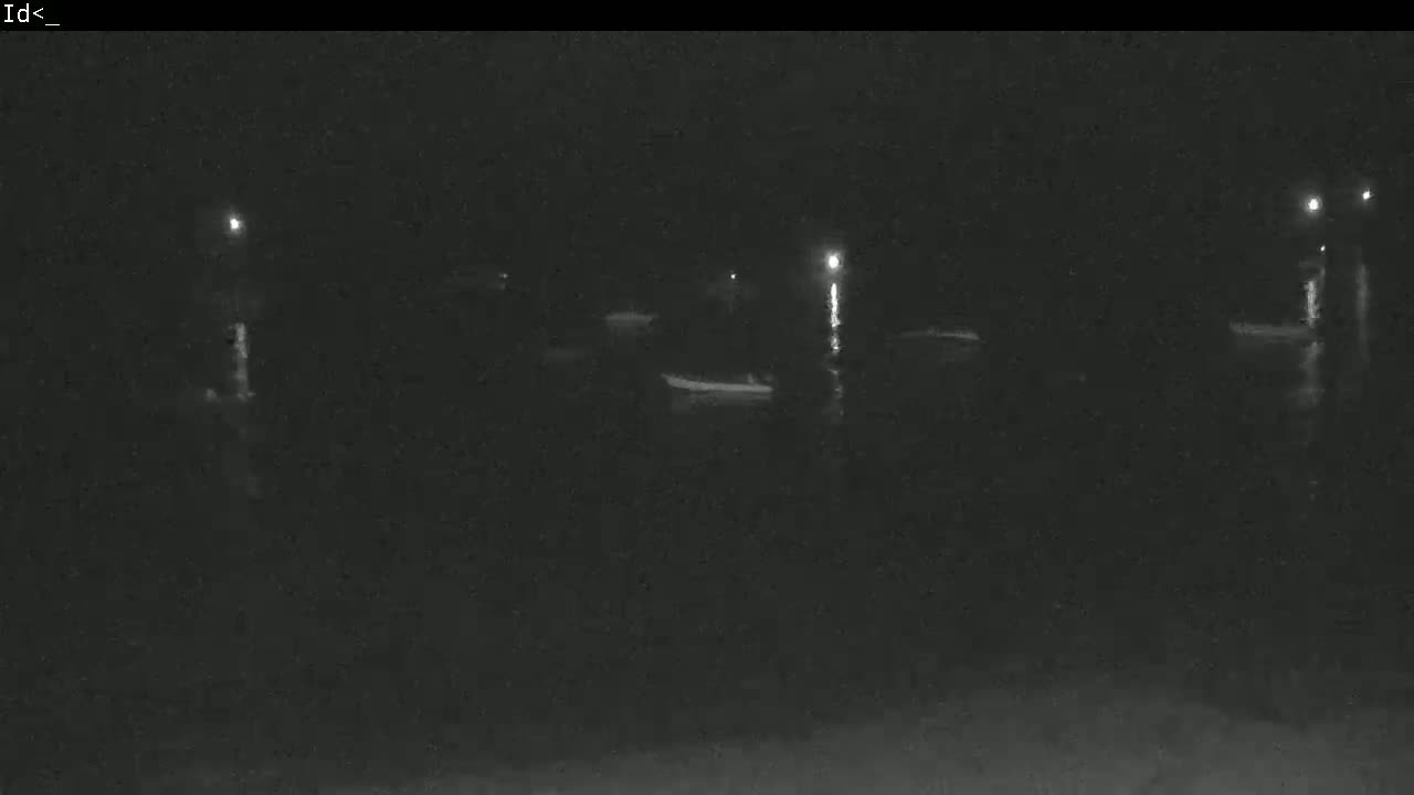 Several small boats are moored in dark, still water at night under dimly lit conditions.