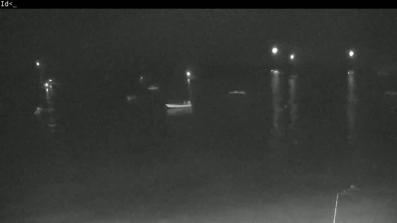 At night, several boats are moored in dark water illuminated by distant lights.