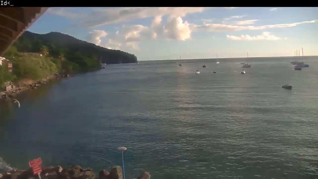 A partly cloudy day shows a calm bay with numerous boats, a rocky shoreline with green hills in the background.