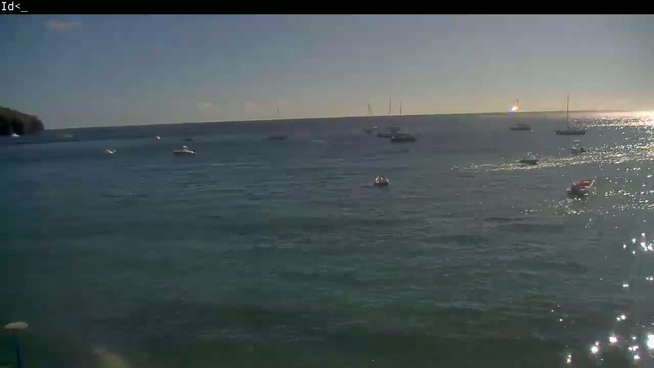 Several boats are scattered across a calm, sunlit body of water near a dark landmass.