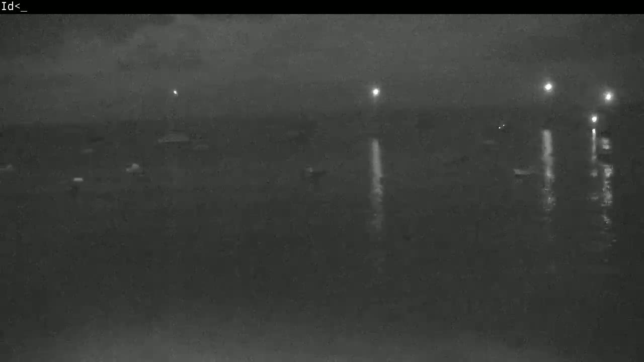 At night, several boats are visible on a dark body of water under a mostly clear sky, with lights reflecting on the water's surface.