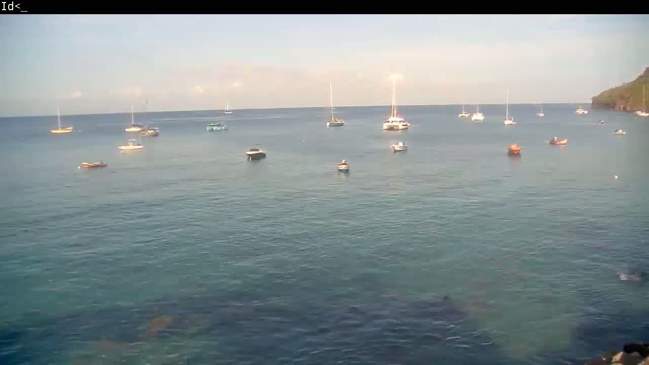 Several boats and sailboats are anchored in calm, clear water near a rocky shoreline under a mostly clear sky.