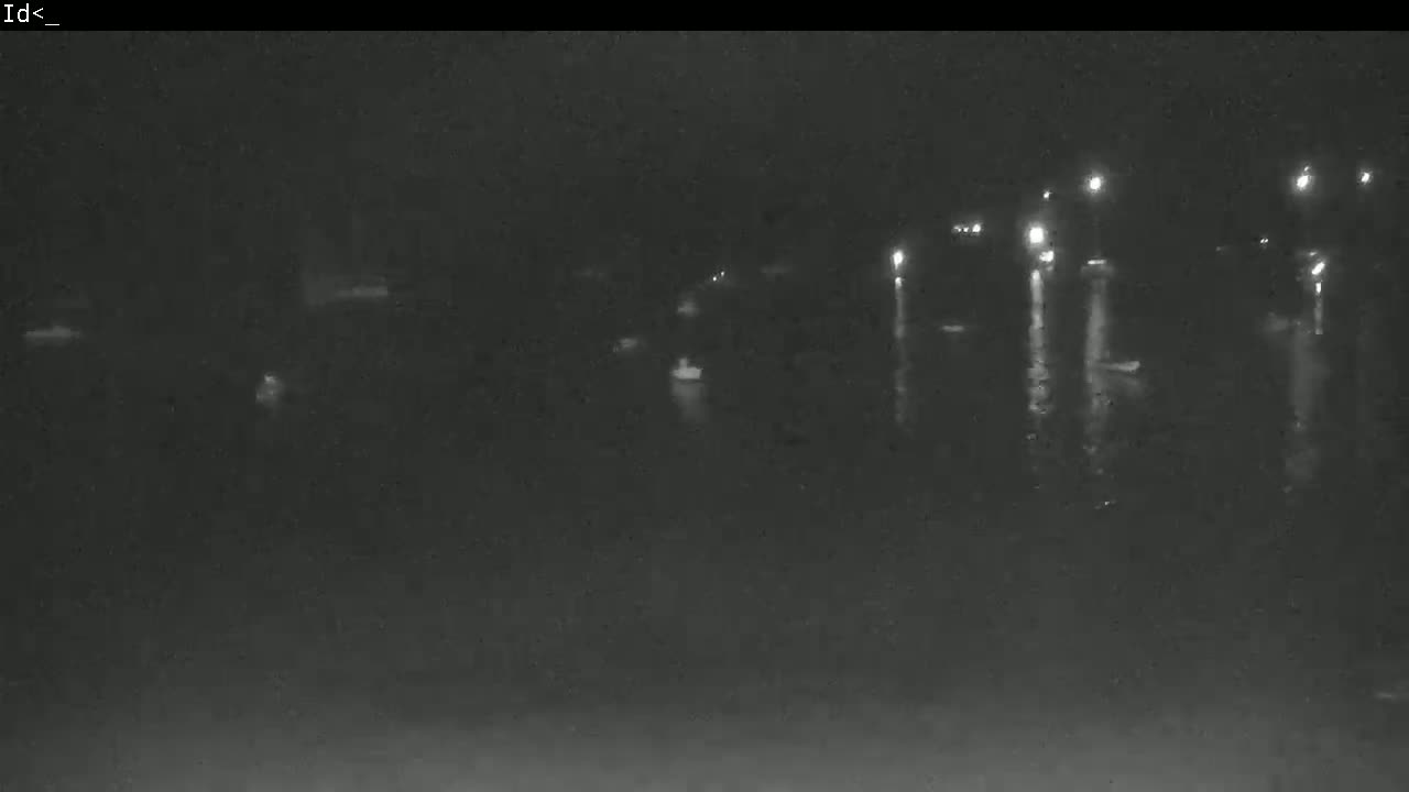 A nighttime, low-light view of a body of water with several lights reflecting on the surface.