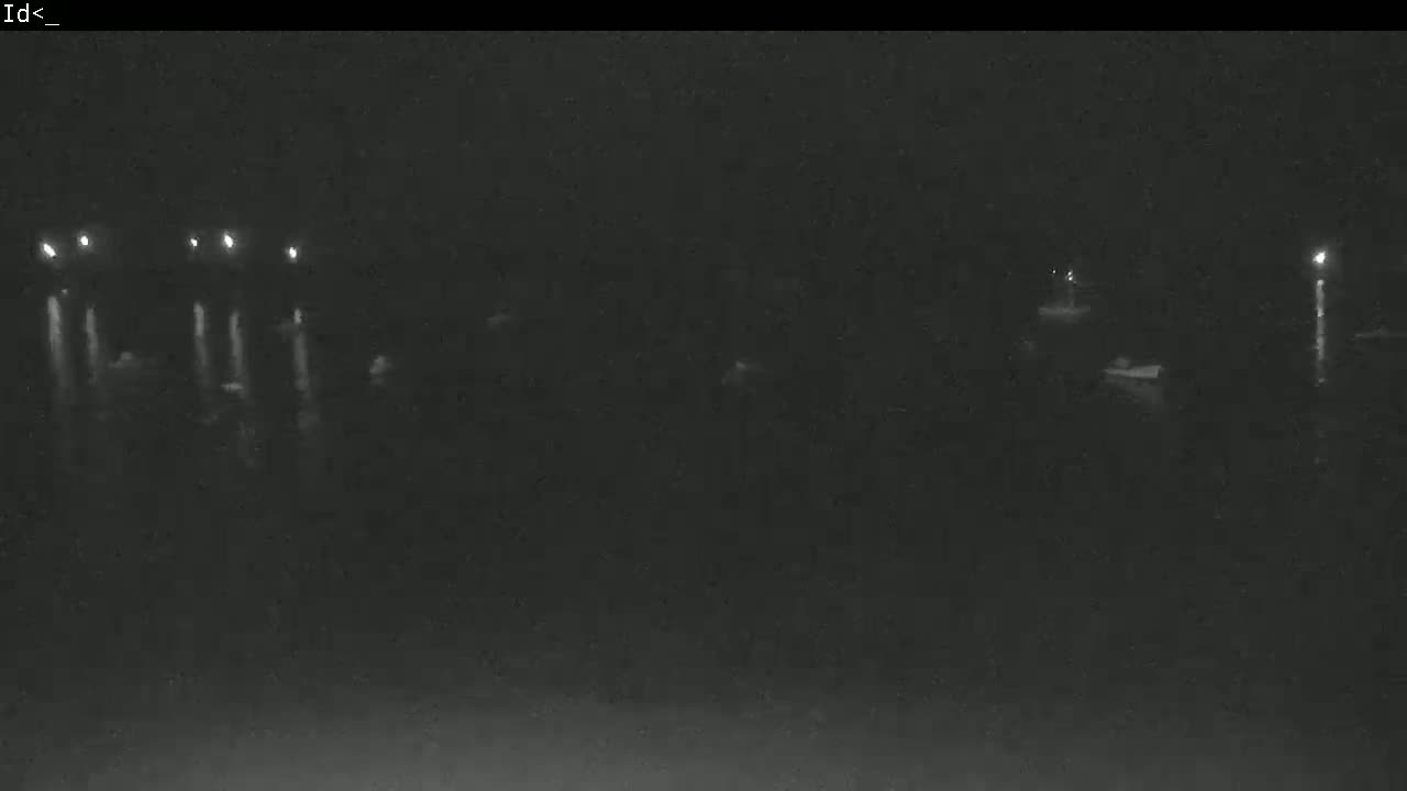 A dark, nighttime scene shows dimly lit objects and indistinct shapes in the distance, possibly near water.