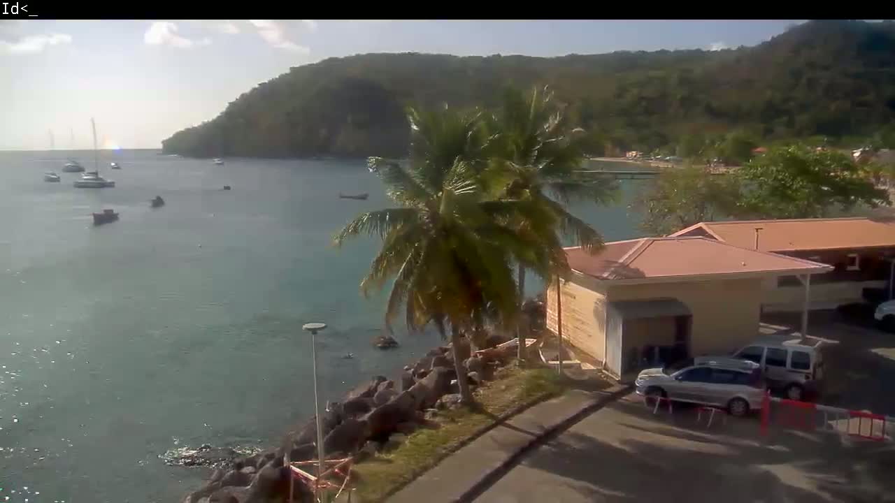 A sunny day shows a calm bay with several boats, palm trees, a building, and cars parked near a rocky shoreline backed by lush green hills.