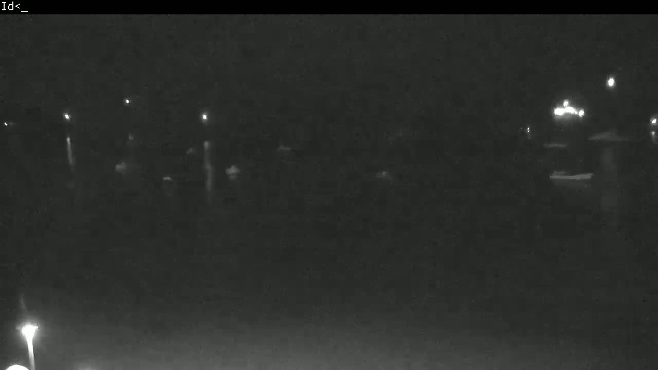 A dark, nighttime scene shows a few indistinct objects and lights in the distance.