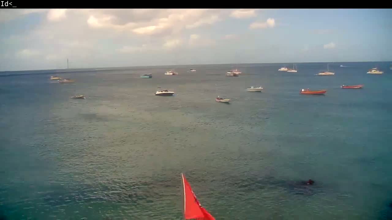 Several boats are scattered across a calm, blue-green ocean under a partly cloudy sky.
