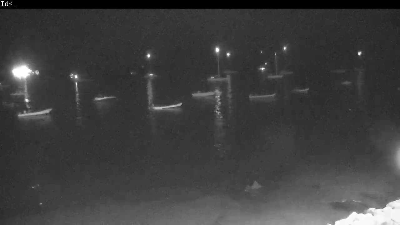 Several small boats are moored in calm water at night under artificial lighting.