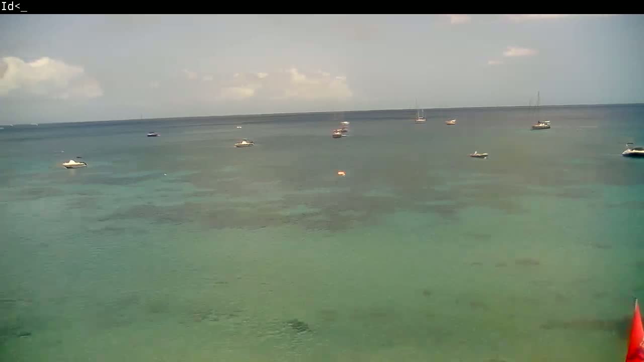 Several boats are scattered across a calm, teal ocean under a mostly cloudy sky.
