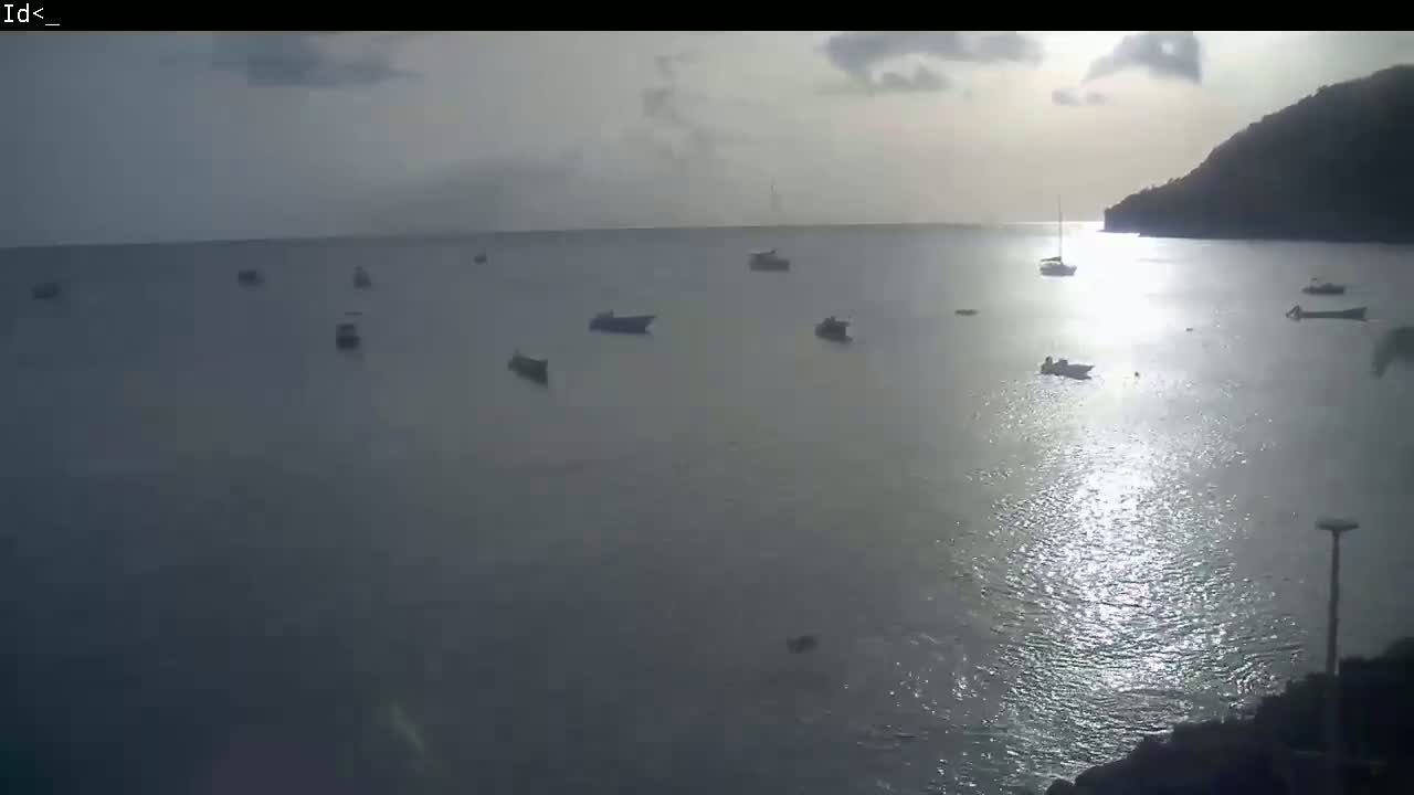 Several boats are scattered across a calm, teal ocean under a mostly cloudy sky.