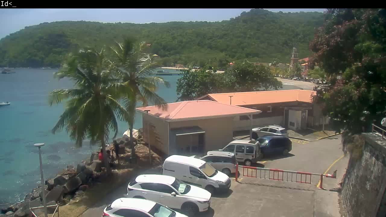 A sunny day overlooking a calm bay with several white cars parked near a light peach-colored building, palm trees, and lush green hills in the background.