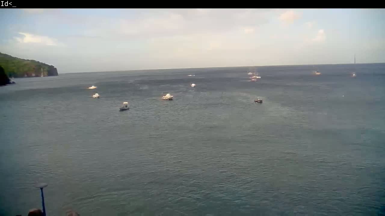 Several boats are scattered across a calm body of water near a dark green, rocky shoreline under a mostly cloudy sky.
